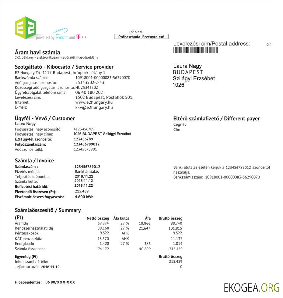 Hungary E2 utility bill, PSD format